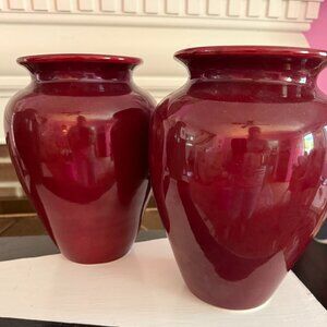 pair of red ceramic crate and barrel vases